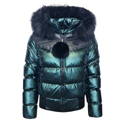 Дамско пухено яке с качулка, City Angels Jeans, тъмнозелен лак, 6827